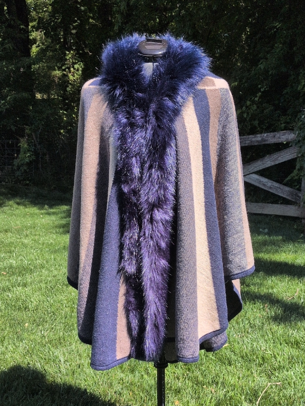 Striped Navy & Taupe Faux-Fur Trim Cape Coat